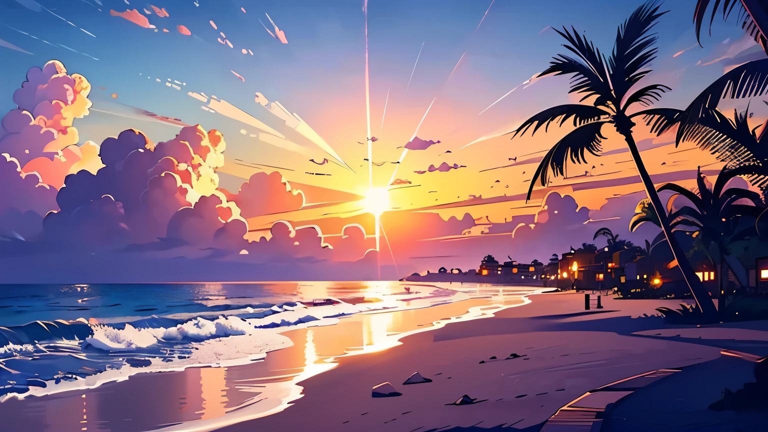 Masterpiece, best quality, (very detailed CG unified 8k wallpaper) (best quality), (best illustration), (Best shade), Tropical, Evening beach, The sun goes down