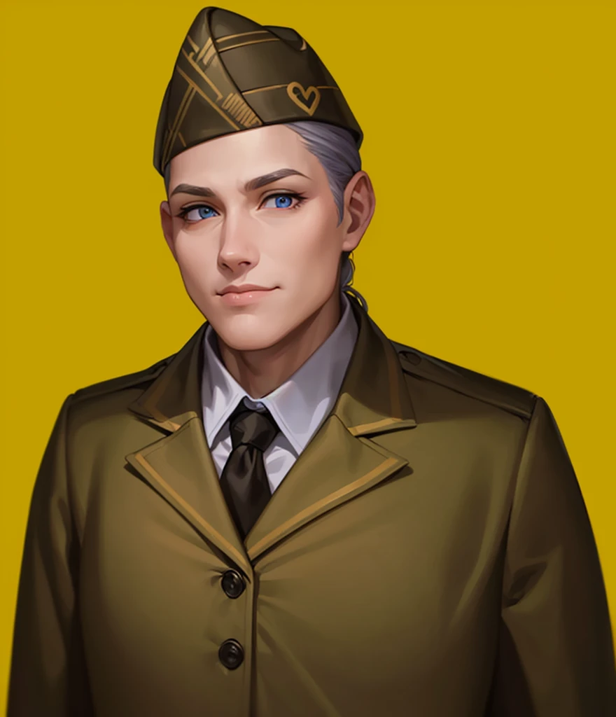 Female, (girls:1.5), (exceptional, best aesthetic, new, newest, best quality, anime, waifu:1.2), best quality, ultra detailed, absurdres, highres, colored, good anatomy, normal eyes, centered eyes, no cockeyed, no cross-eyes black hair, pretty smiling kind face, blonde hair, blue eyes, olive color soft hat, olive color coat, no buttons on the coat, inside white shirt, black tie,