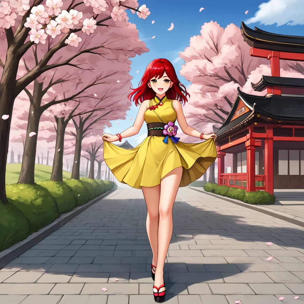 A brunette girl with red hair and green tones wearing a yellow dress with blue decorations walking while cherry blossoms fly in the background