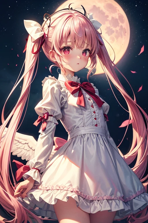 One Girl,Long sleeve,White Lolita Dress,One-piece with big ribbon,Angel,long,Pale pink twin tails,big tail,Deep pink eyes,blush,Grim expression,Small ,Bow and Arrow,Red full moon
