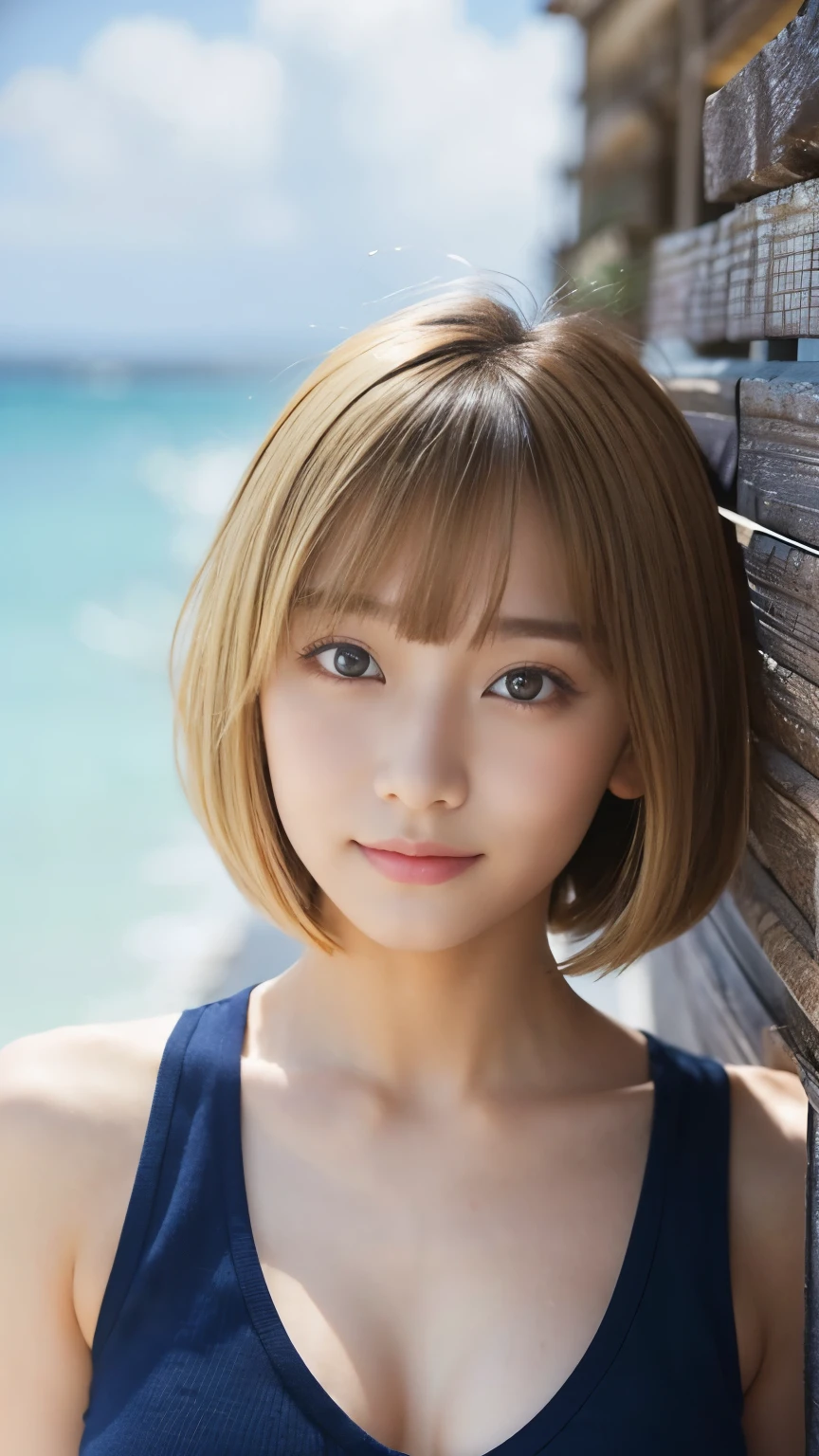 Sexy Big 、A cute 20-year-old girl with a sexy and cute look, beautiful and sexy face、A strong wind blows my hair in front of my face、With short blonde hair、beautiful, Cute and sexy eyes hidden behind long bangs。