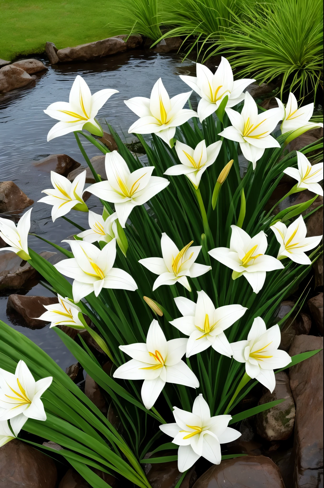 there are some white flowers in the water near some rocks, hymenocallis coronaria, spirited water plants, lily flowers, detailed white, white flowers, white lilies, flowers with very long petals, lillies, white flower, glowing veins of white, garis edelweiss, lily flower, myth of narcissus, aquatic plants, reflecting flower, david hardy