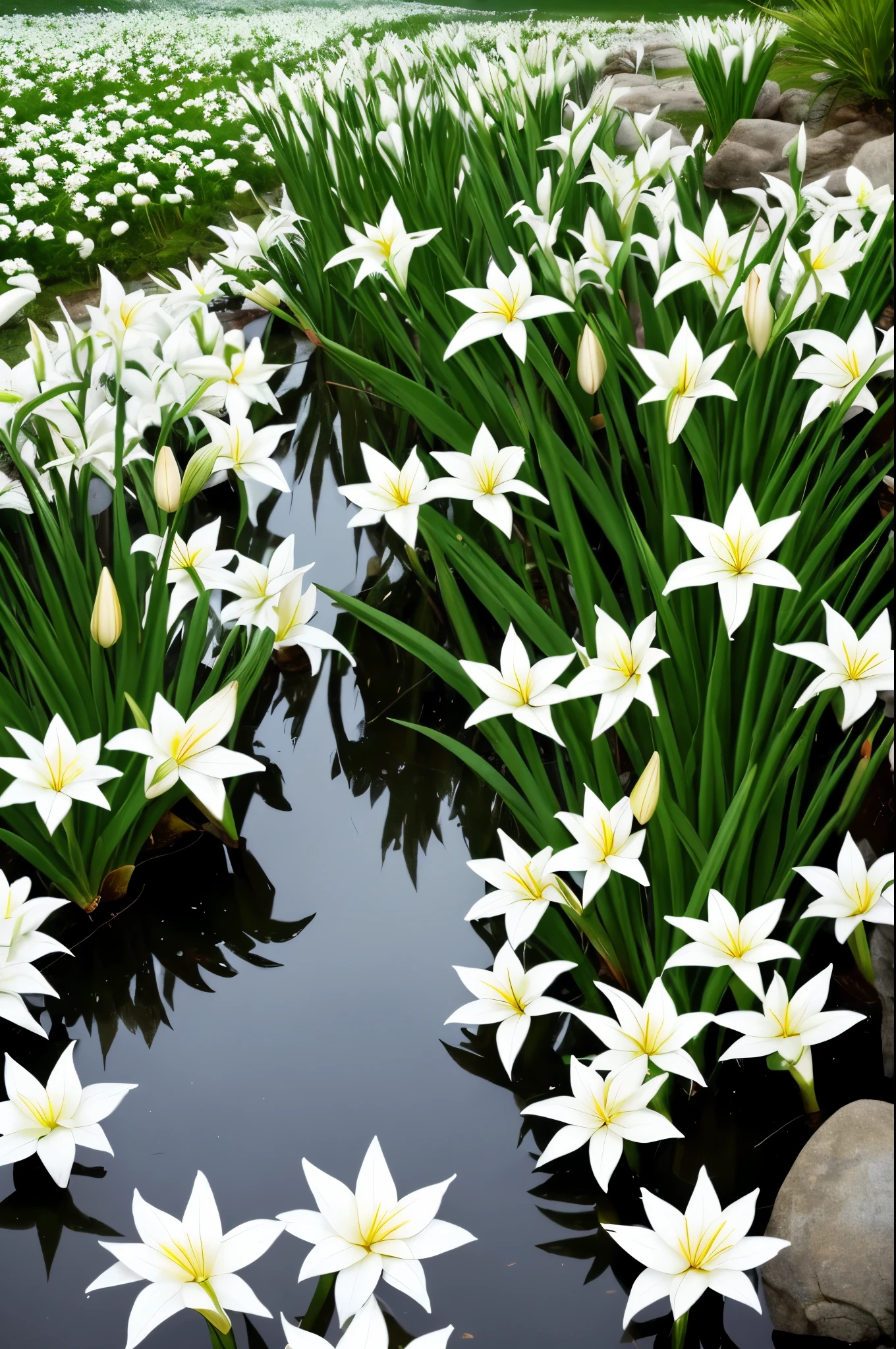 there are some white flowers in the water near some rocks, hymenocallis coronaria, spirited water plants, lily flowers, detailed white, white flowers, white lilies, flowers with very long petals, lillies, white flower, glowing veins of white, garis edelweiss, lily flower, myth of narcissus, aquatic plants, reflecting flower, david hardy