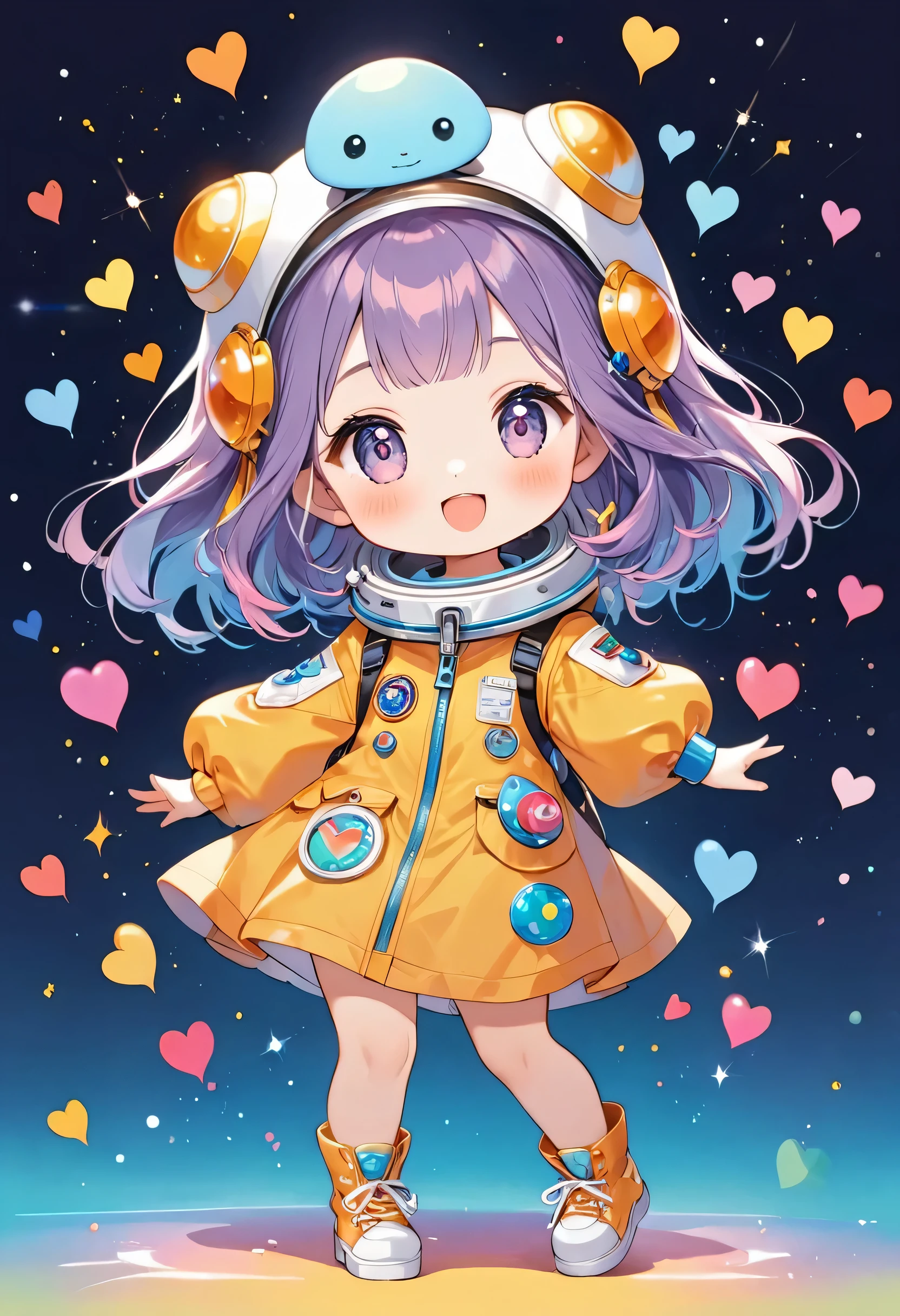 Momoko Sakura colorfull style, Simple Line Initialism,Abstract art,(((The most beautiful girl of all time))), (((chibi))), Sweet face. colorful hearts, funny design, (((happy dance))), Spacesuit, (((Cute Aliens))), The background is space