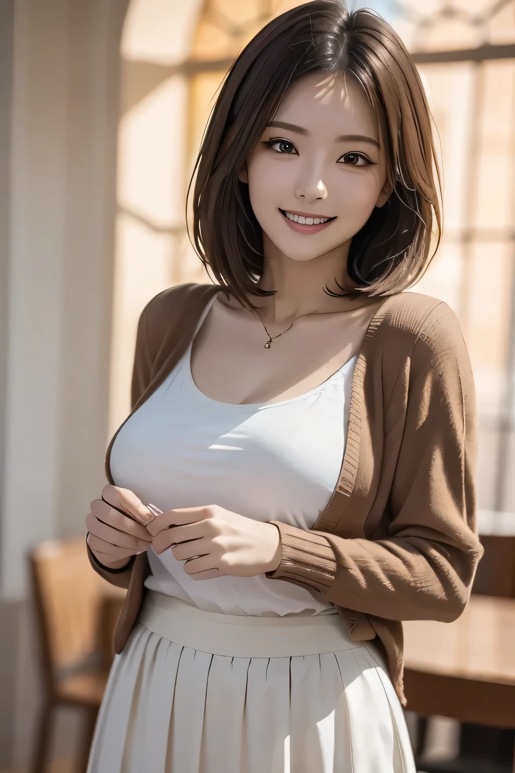 (1 Ultimate Beauty), (Beautiful face with detailed shading), whole body, 40s, (Big Breasts), Brown eyes, grin, (Pink Cardigan), Open cardigan, White camisole blouse, (Yellow pleated skirt), Are standing,  (Tabletop)), ((Highest quality)), (Very detailed), ((Fascinating)), ((Very detailed)), 4K, (8k), Highest quality, (beautiful), (((World Class Quality))), Very detailed, High resolution,