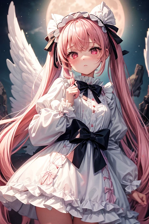 One Girl,Long sleeve,White Lolita Dress,One-piece with big ribbon,Angel,long,Pale pink twin tails,big tail,Deep pink eyes,blush,Grim expression,Small ,Has a bow,Red full moon