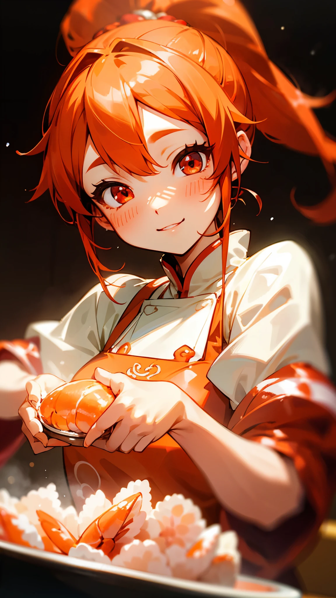 1 girl、8k、Sharp focus、(Bokeh) (Highest quality) (Detailed skin:1.3) (Intricate details) (anime)、Cute shrimp woman cooking delicious food in the kitchen、Orange Hair、ponytail、Beautiful red eyes、smile、fun、Upper body close-up