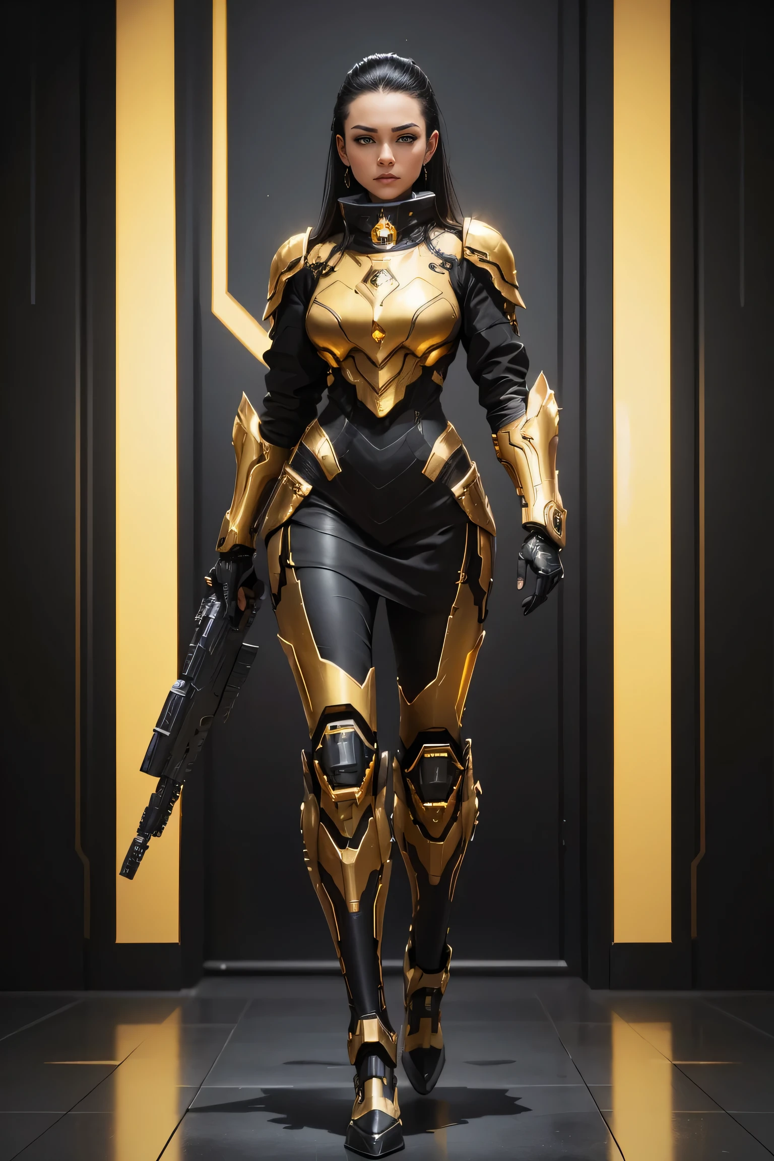 a woman in a black and gold outfit holding a gun, amazing 8k character concept art, epic scifi character art, black and golden armor, clothed in sci-fi military armor, epic sci - fi character art, black and gold armor, epic sci-fi character art, scifi woman, sci fi female character, girl in mecha cyber armor