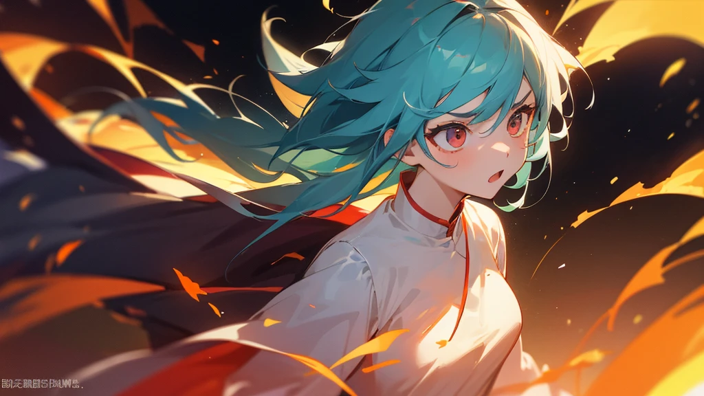 A girl in her twenties stands in flames。The expression shows anger towards the person who lost their love.。 Character description: The protagonist&#39;s face is covered in tears、Strong expressions of sadness and anger。Flames on the background。