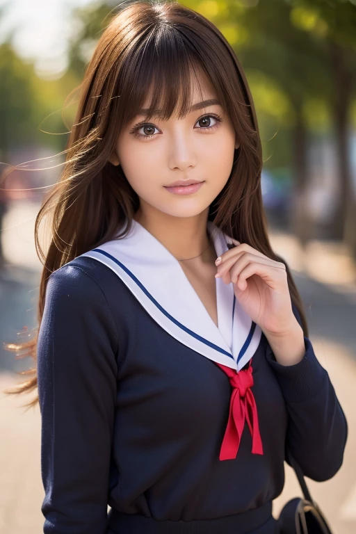 Girl commuting to school:1.5, Sailor suit:1.5, Dynamic, cinematic photos,(Ultra Realistic, High resolution), (Highly detailed eyes, Highly detailed hair, highly Detailed face, Highly detailed plump lips，Perfect Anatomy),(Highest quality:1.4), (Realistic, photo-Realistic:1.37), Professional photography, Cinematic Light, (Detailed face: 1.2), smile, Waist line:1.5, Highly detailed skin,very thin fingers, RAW Photos