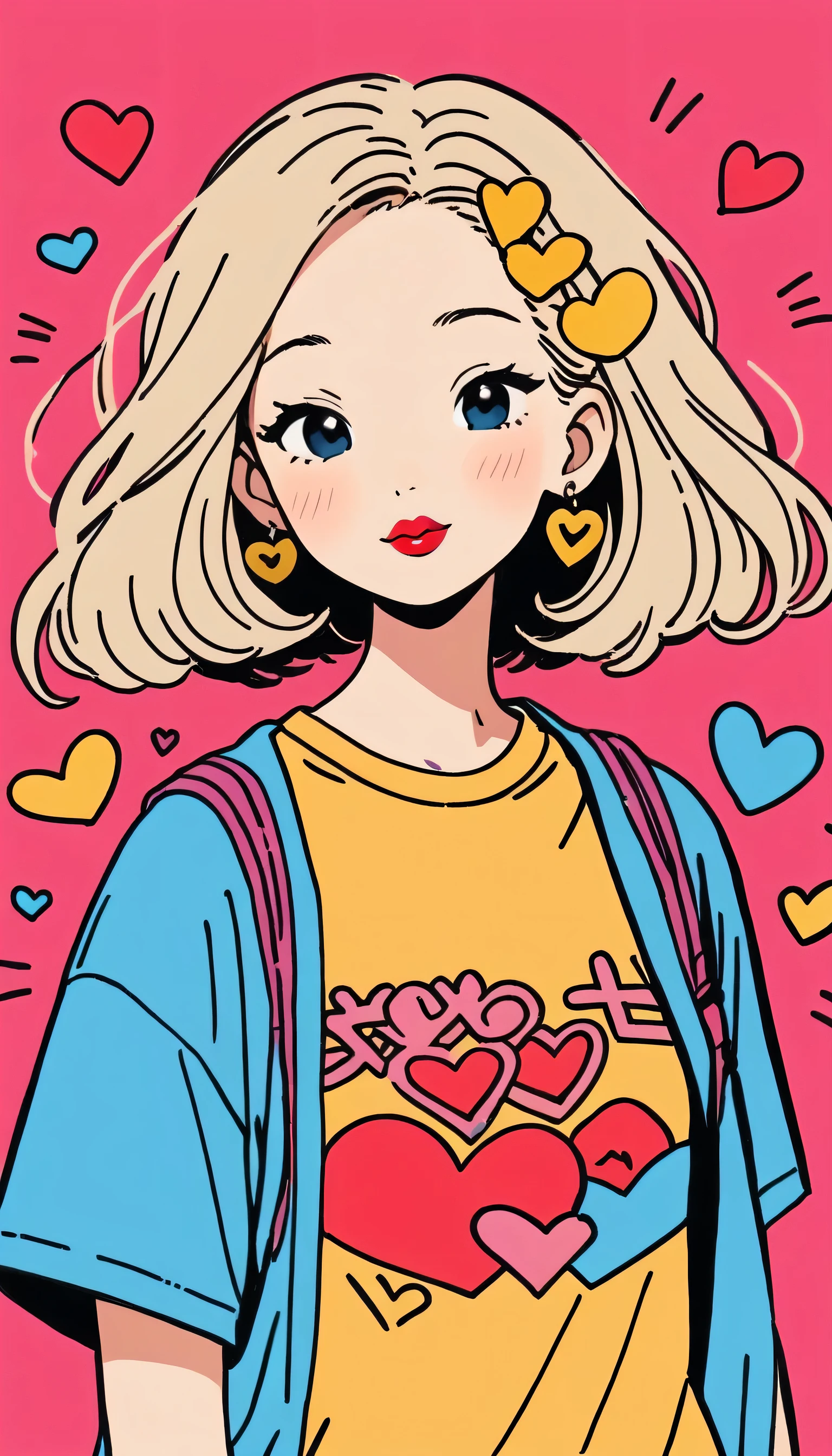 Keith Haring colorful style, Simple Line Initialism,Abstract art,Urban Background, (((The most beautiful girl of all time))), Sweet face. Lips in love, colorful hearts, stylish design, 夏のオシャレなTシャツ, 黒い瞳