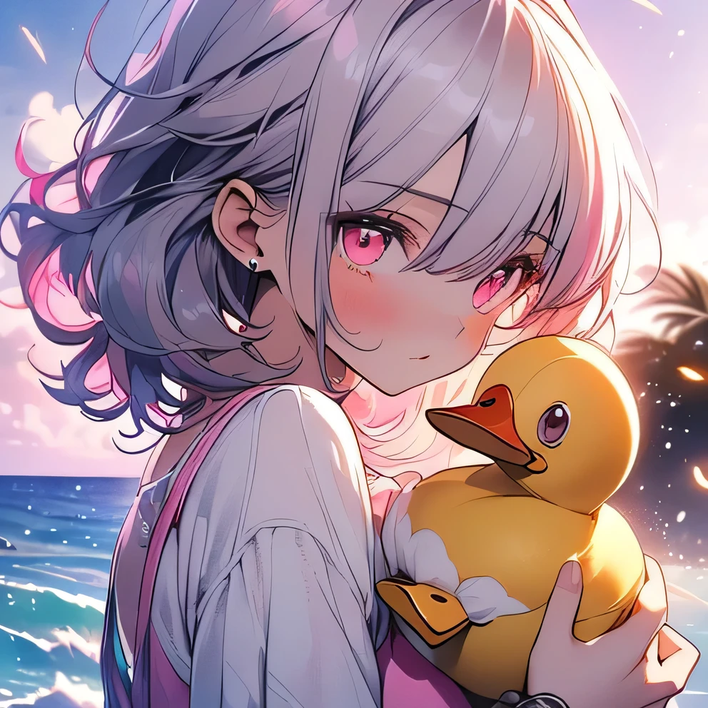 (((Best quality))), (((Ultra detailed))), 1 girl, ((((vivid)))),(((beautiful detailed hair, medium hair, silver pink hair, pink highlights))), (((pink eyes))), raining, viewing from forward:1.4, (blush), swimsuit, ((holding stuffed duck)), yellow duck, beach, blue sky, sea, ((fireflies, sunshine, particles)),  starrystarscloudcolorful