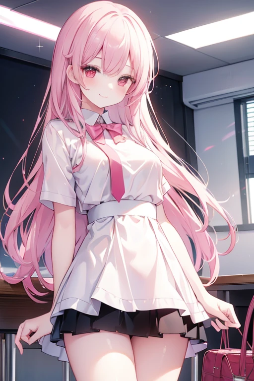 1girl, sexy, cute, medium length pink hair, red eyes, , white top, black skirt, classroom, high res, ultrasharp, 8K, masterpiece, looking at viewer, smile, long hair 