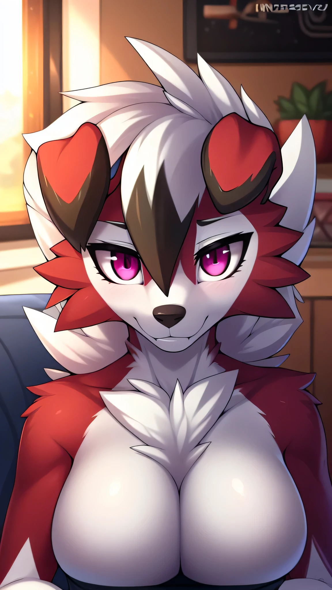 By zinfyu,by twistedscarlet60, uploaded on pixiv, by fluff-kevlar, (masterpiece), (best quality), (solo female:1.2), (extremely detailed:1.3),(detailed eye,black circle on eye,pink eye), lycanroc midnight, view on viewer, close view, shy face, half body on potrait, only body and head, close view, wearing kitchen apron,in living room, (tail:1.1), closeup photo of lycanroc