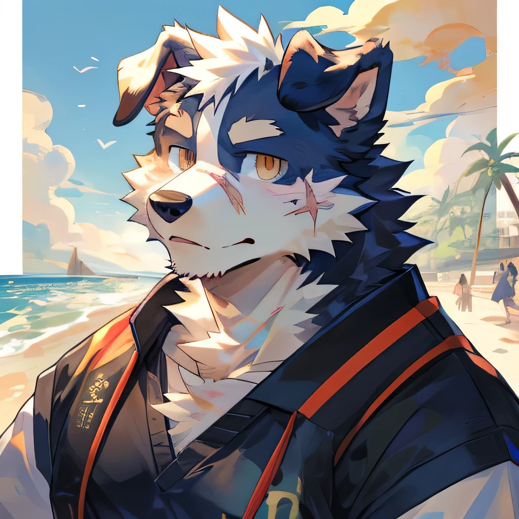 masterpiece,high quality,perfect anatomy,furry,anthro dog,border collie,male, niji5,brown pupils,bright eyes,scar on face,seaside,wearing a swimsuit,detailed face,by kiyosan,close up face
