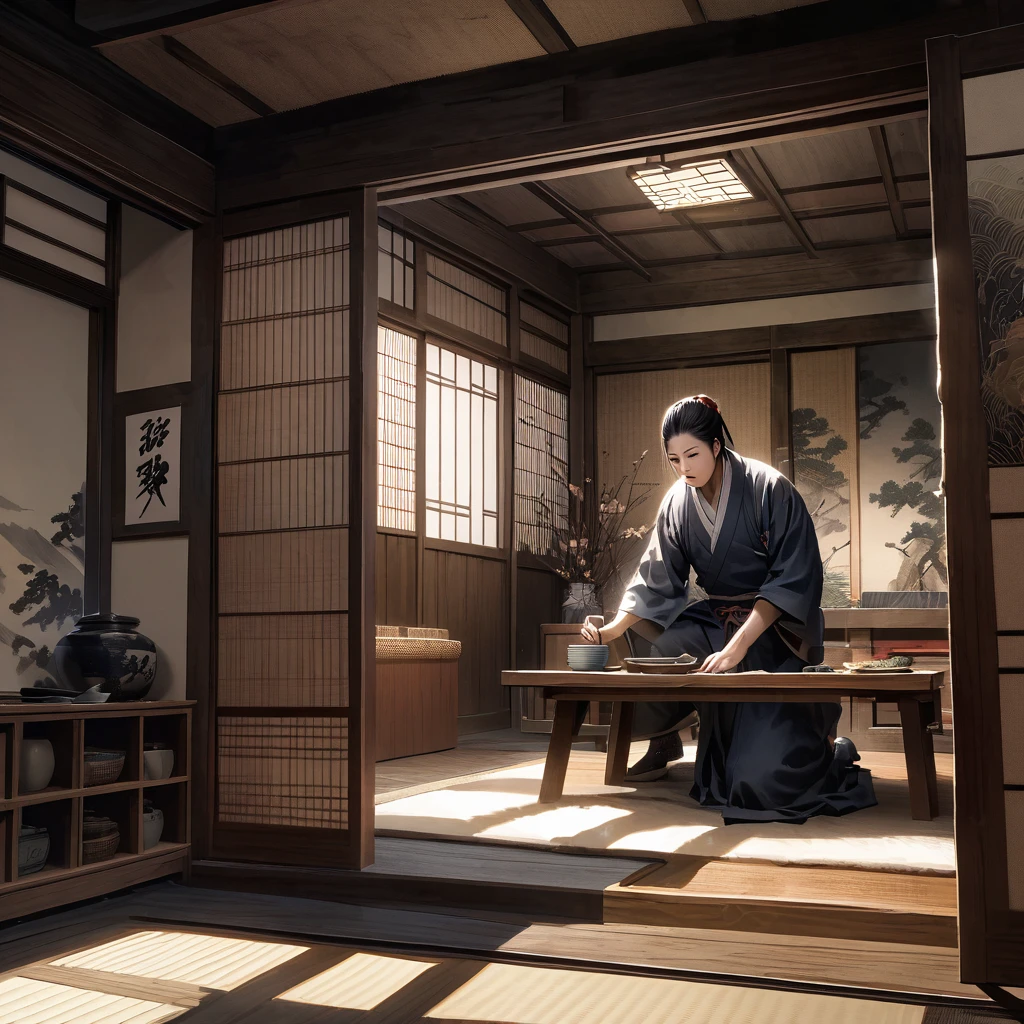 "Conflict scene between Date Masamune and his mother, detailed traditional Japanese interior, dramatic and realistic"