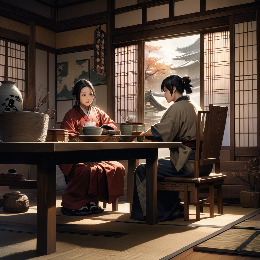 "Conflict scene between Date Masamune and his mother, detailed traditional Japanese interior, dramatic and realistic"