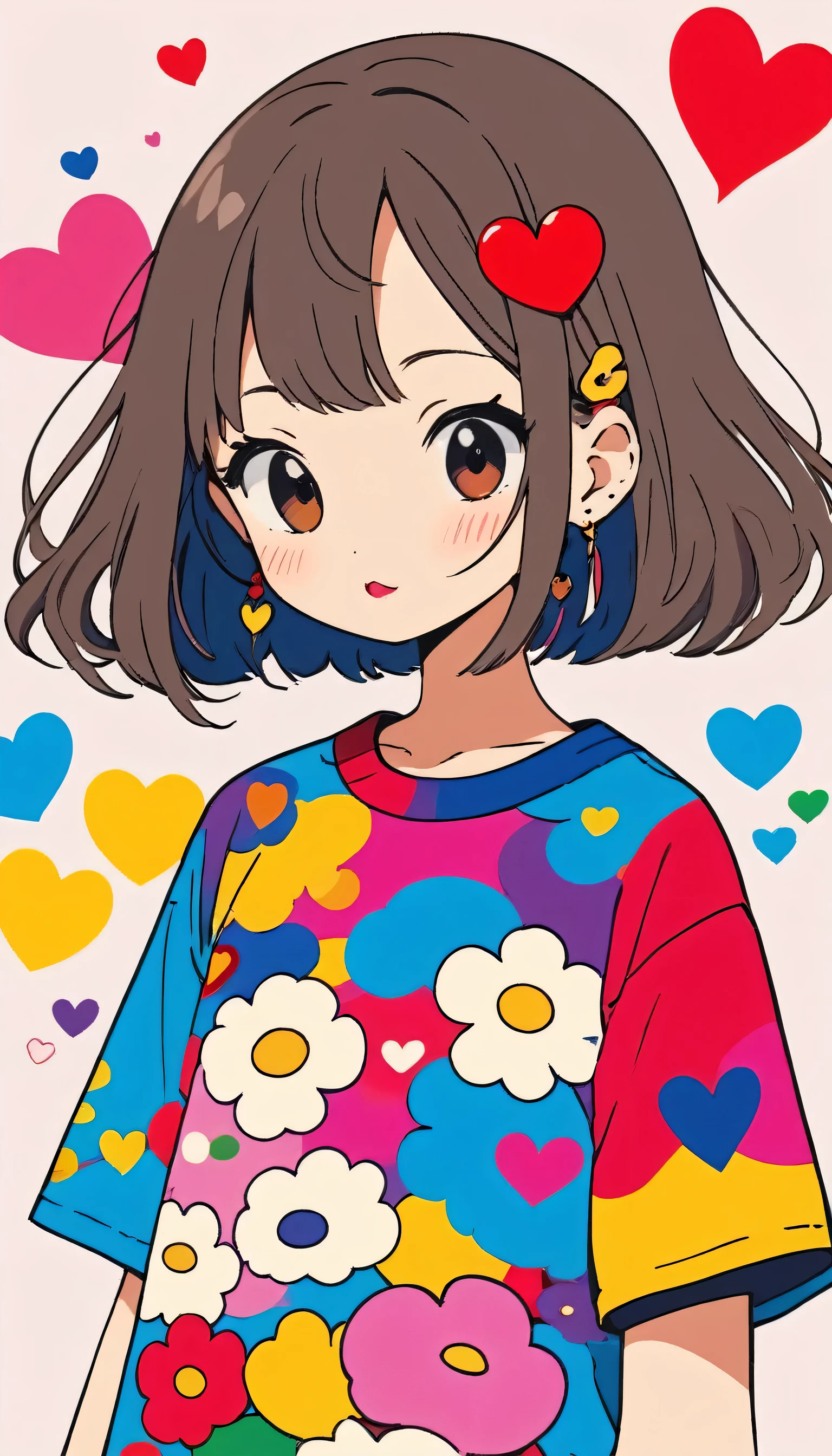 Takashi Murakami colorful style, Simple Line Initialism，Abstract art，Urban Background, (((The most beautiful girl of all time))), Sweet face. Lips in love, colorful hearts, stylish design, 夏のオシャレなTシャツ, 黒い瞳