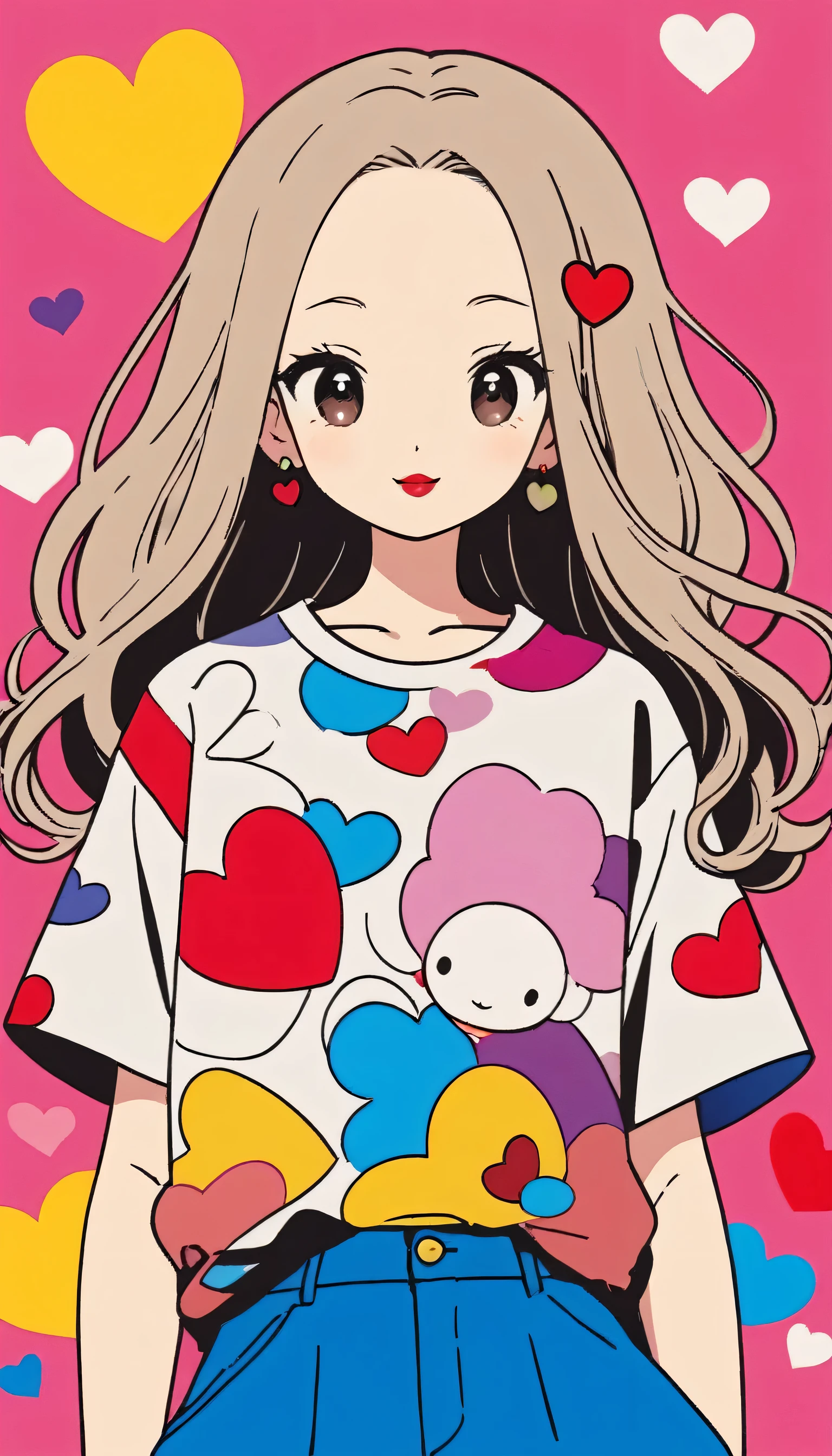 Takashi Murakami colorful style, Simple Line Initialism，Abstract art，Urban Background, (((The most beautiful girl of all time))), Sweet face. Lips in love, colorful hearts, stylish design, 夏のオシャレなTシャツ, 黒い瞳