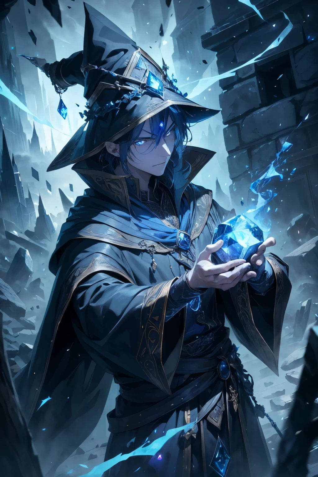 powerful wizard, clad in dark blue robes, wields a wooden staff adorned with a sparkling sapphire at its tip, his piercing glowing eyes filled with an air of mystique as he conjures up massive blocks of shimmering ice in this thrilling movie scene, the wizard's full body is illuminated under the soft action-movie lights, his powerful gestures and intense focus make for an unforgettable action-packed moment.