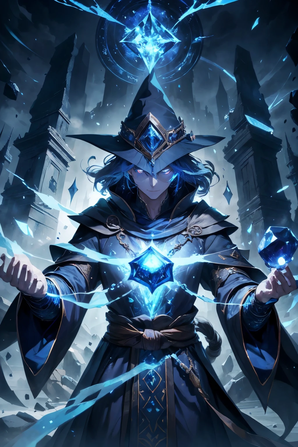 powerful wizard, clad in dark blue robes, wields a wooden staff adorned with a sparkling sapphire at its tip, his piercing glowing eyes filled with an air of mystique as he conjures up massive blocks of shimmering ice in this thrilling movie scene, the wizard's full body is illuminated under the soft action-movie lights, his powerful gestures and intense focus make for an unforgettable action-packed moment.