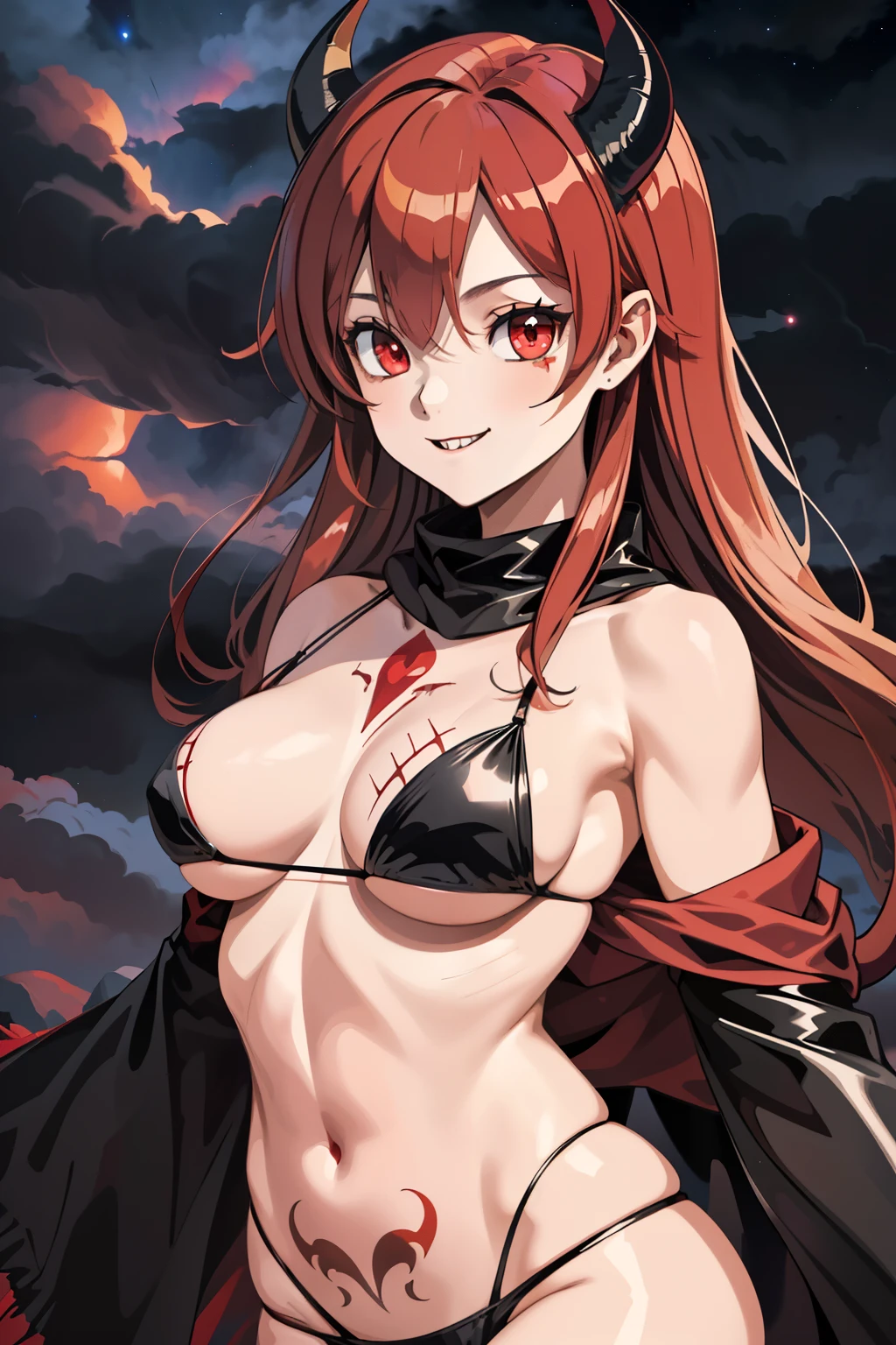 best quality, masterpiece, 1 girl, devil girl, smiling, (red colored skin:1.2), (bright red eyes:1.3), (black devil horns:1.4), long hair with bangs, tattooed body, black and red bikini with cloak, (flying in the night sky, clouds:1.5), (medium breast, under boobs:1.2)