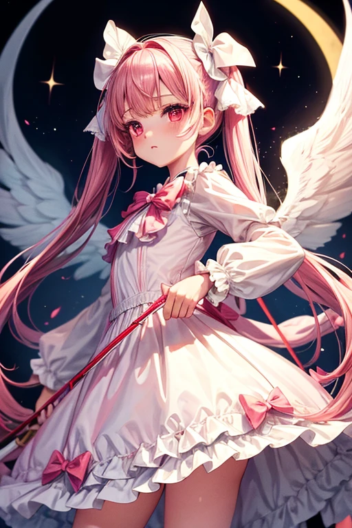 One Girl,Long sleeve,White Lolita Dress,One-piece with big ribbon,Angel,long,Pale pink twin tails,big tail,Deep pink eyes,blush,Grim expression,Small ,Shooting a bow and arrow,Red full moon