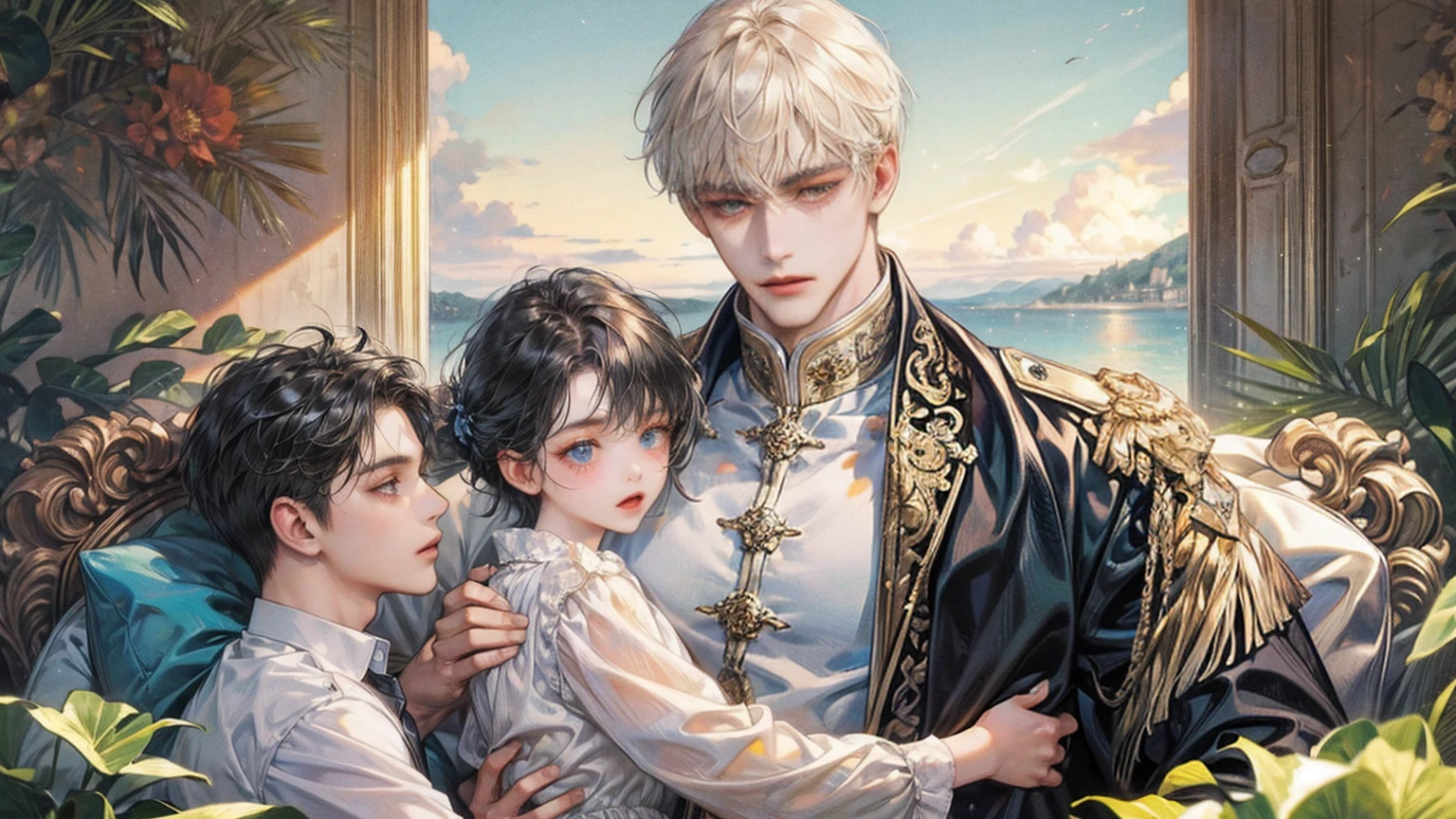 (((masterpiece))), ((Highest quality)), ((Super detailed)), (CG illustration), Happy parent-child scene。The resurrected form of Emperor Constantine and the twins Crispus and Fausta.、Father and son landscape、Under the clear blue sky、A summer evening where a stylish modern mansion shines。As the bright sunlight envelopes the sea and the mansion、A young father in his 30s hugs his twin sons tightly and warmly on his way home from work。The father&#39;s face was filled with deep love, retribution and forgiveness.、I can see the look of relief on his face, having overcome his past mistakes.。The children have innocent, naive smiles、He buried his face in his father&#39;s shoulder and looked relieved.。Light and shadow gently intersect、A scene that creates a warm and moving atmosphere overall.。」Love。Love, forgiveness, healing and purification。Detailed and delicate。lyrical。Heartful Modern。Gorgeous。elegant。masterpiece。super high quality。, beauty, brilliance, ultra-high quality, ultra-high resolution, Ultra-fine, ultra-beautiful, a masterpiece.​masterpiece。I'm in love with you,