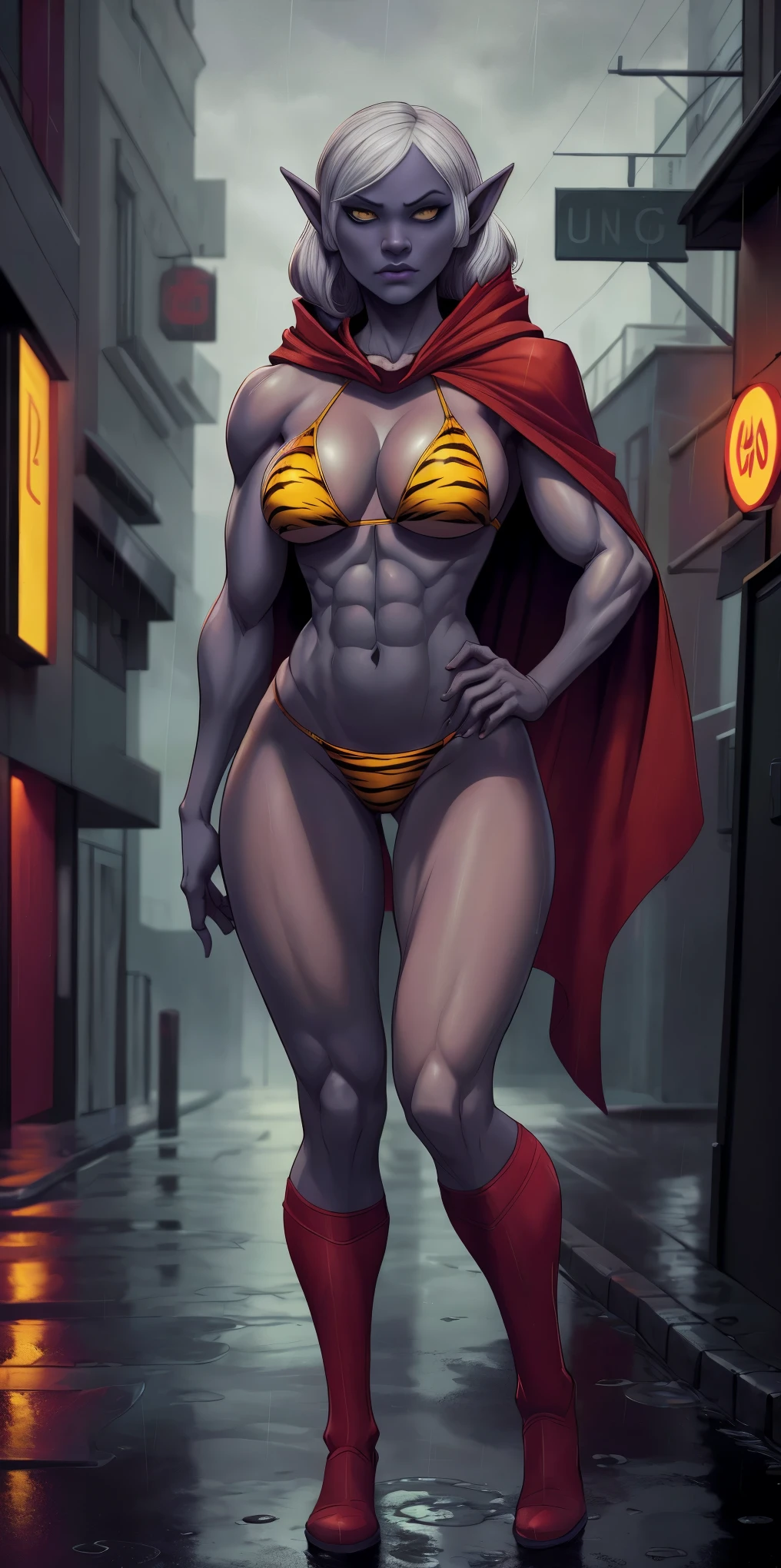 Drow Elf in Urban Setting: A female Drow Elf with a strong, athletic body wearing a yellow tiger bikini and red cape, standing in a rainy street. The image should have a cinematic, atmospheric feel with high-quality details.
