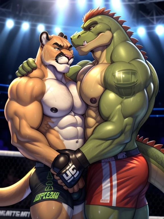 Duo male(Green Gator vs Cougar, handsomes, handsome hairstyle, tails, Thick eyebrows, detailed face), gay(Clinch embraced, Body with body, cuddling foreheads, on a UFC match), hot(Shirtless), handsomes(They are handsomes, correct anatomy), musculosos(Big muscle bodies, Six packs, muscle abs, big pecs, muscle backs, muscle legs), sweaty(very sweaty wet bodies, shiny sweat), tatuajes(they have tattoos), grumpy(Both have an grumpy expression, grumpy teeths, steaming breath), UFC gloves(They both are wearing UFC gloves), UFC boxers(they both are wearing ufc boxers), Hight resolution, by(Zourik:1.1)