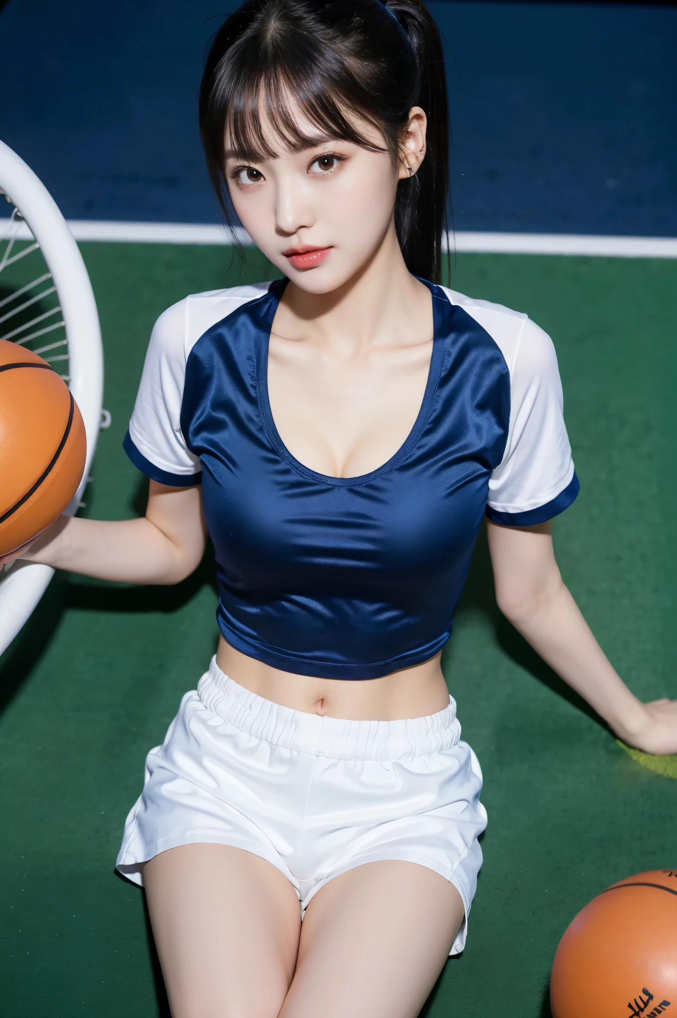 8K), (highest quality: 1.2), (Realistic), (Realistic: 1.37), Ultra-high resolution, smile,(2 girls),(straight silky black hair), (White very small hot pants:1.2),baseball Ground, whole body,Long legs,Beautiful shiny legs,(Super small ass),ponytail,Belly button,(blue basketball team shirt:1.2),(whole bodyが汗で濡れて:1.2),Cute like a super idol,Close up on face from above,A little cleavage