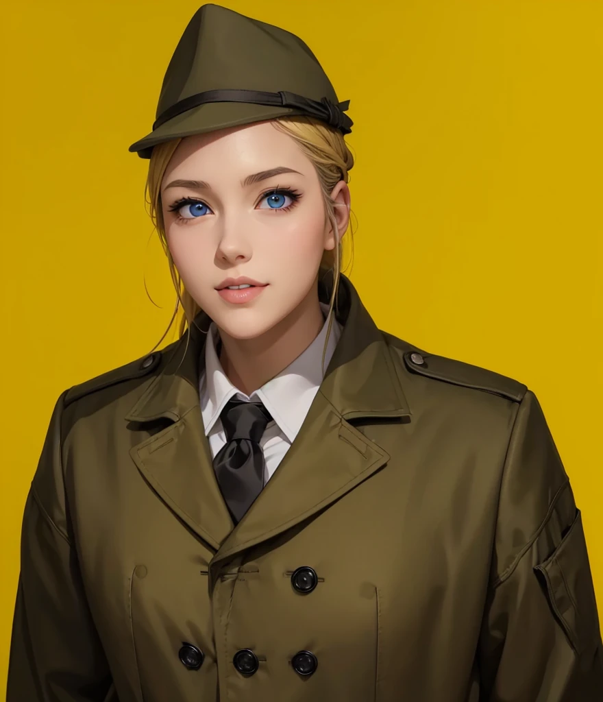 Female, (girls:1.5), (exceptional, best aesthetic, new, newest, best quality, anime, waifu:1.2), best quality, ultra detailed, absurdres, highres, colored, good anatomy, normal eyes, centered eyes, no cockeyed, no cross-eyes black hair, pretty smiling kind face, blonde hair, blue eyes, olive color soft hat, olive color coat, no buttons on the coat, inside white shirt, black tie,