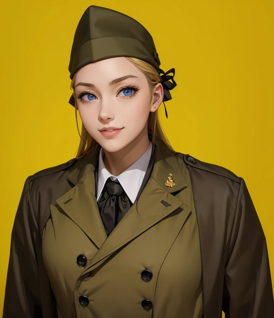 Female, (girls:1.5), (exceptional, best aesthetic, new, newest, best quality, anime, waifu:1.2), best quality, ultra detailed, absurdres, highres, colored, good anatomy, normal eyes, centered eyes, no cockeyed, no cross-eyes black hair, pretty smiling kind face, blonde hair, blue eyes, olive color soft hat, olive color coat, no buttons on the coat, inside white shirt, black tie,