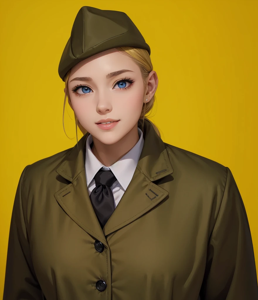 Female, (girls:1.5), (exceptional, best aesthetic, new, newest, best quality, anime, waifu:1.2), best quality, ultra detailed, absurdres, highres, colored, good anatomy, normal eyes, centered eyes, no cockeyed, no cross-eyes black hair, pretty smiling kind face, blonde hair, blue eyes, olive color soft hat, olive color coat, no buttons on the coat, inside white shirt, black tie,