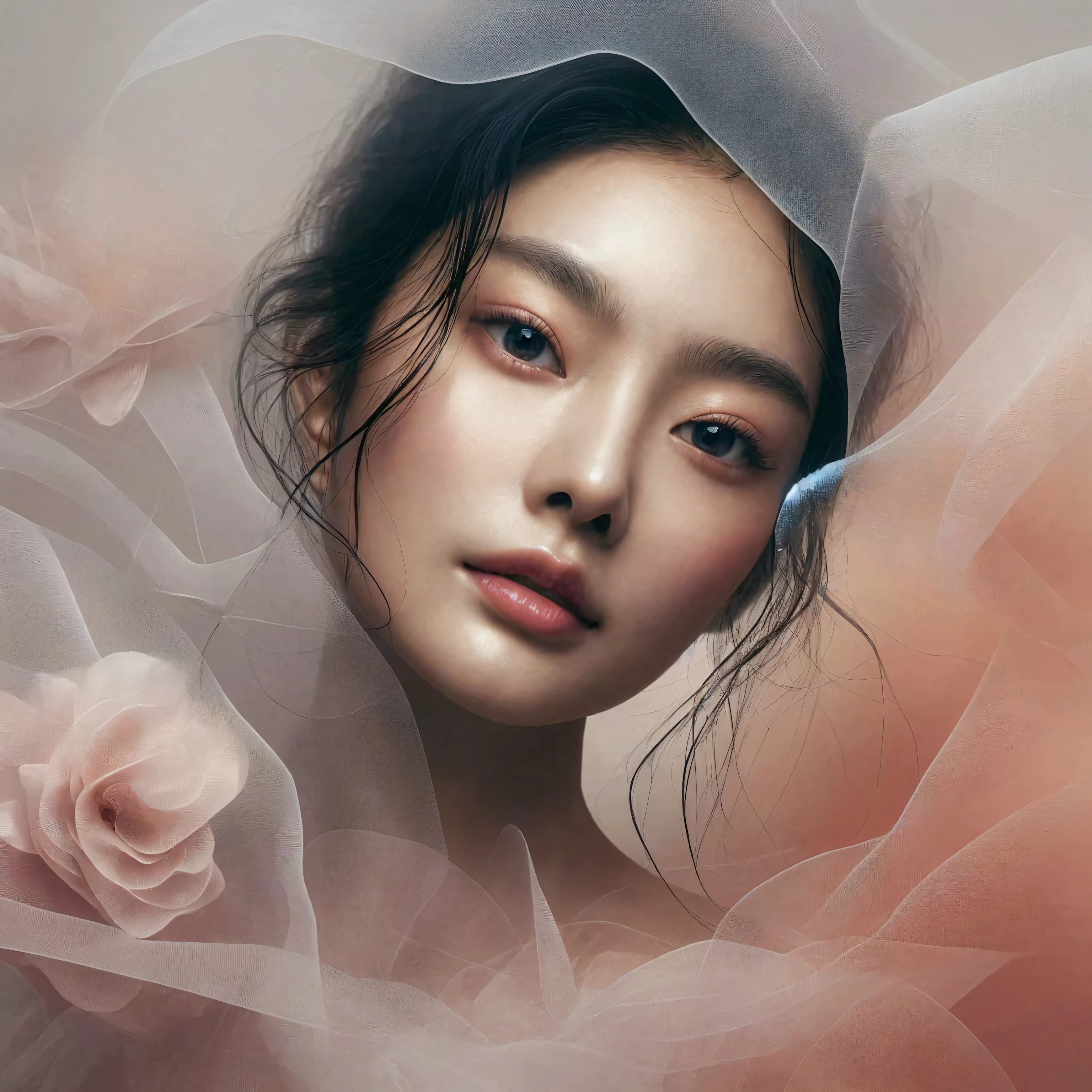 Portrait, Beautiful Korea woman, natural beauty face of Korea girl, elegant, dazzling, romantic. floating organza, steaming chiffon, studio lighting, space, Complicated, Sharp Focus, Concept Art, Artstation, Digital painting, Highly detailed, Concept art, Pastel coral white, Pastel white, Pastel blue, Pastel white, Scifi, Futuristic, white Hyperrealism, high quality, high detail, ultra detail.high isolation.ultraHD
