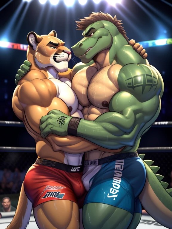 Duo male(Green Gator vs Cougar, handsomes, handsome hairstyle, tails, Thick eyebrows, detailed face), gay(Clinch embraced, Body with body, cuddling foreheads, on a UFC match), hot(Shirtless), handsomes(They are handsomes, correct anatomy), musculosos(Big muscle bodies, Six packs, muscle abs, big pecs, muscle backs, muscle legs), sweaty(very sweaty wet bodies, shiny sweat), tatuajes(they have tattoos), grumpy(Both have an grumpy expression, grumpy teeths, steaming breath), UFC gloves(They both are wearing UFC gloves), UFC boxers(they both are wearing ufc boxers), Hight resolution, by(Zourik:1.1)