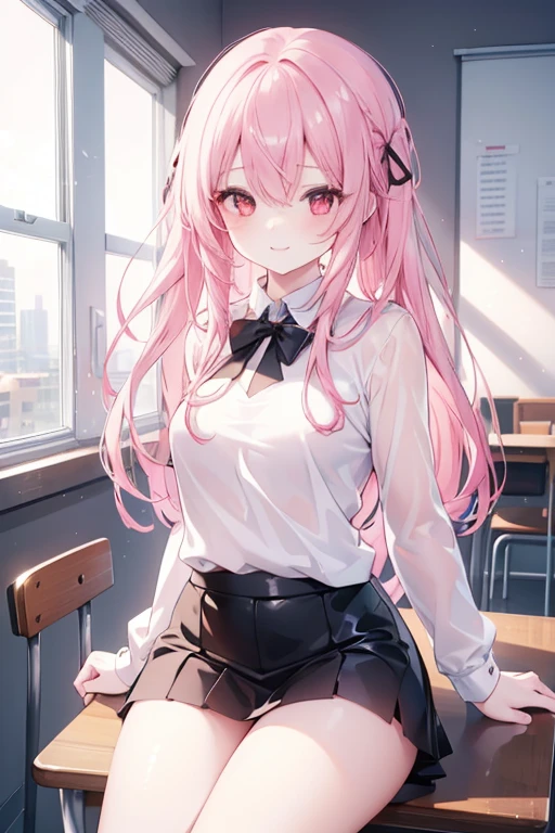 1girl, sexy, cute, medium length pink hair, red eyes, , white top, black skirt, classroom, high res, ultrasharp, 8K, masterpiece, looking at viewer, smile, long hair