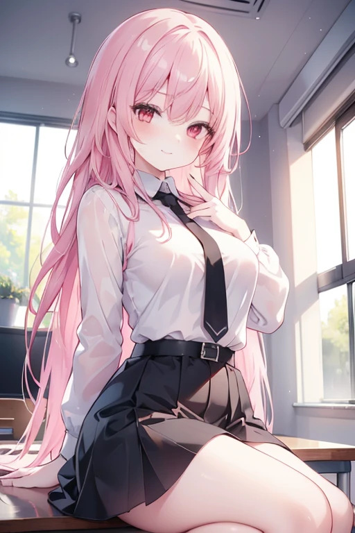 1girl, sexy, cute, medium length pink hair, red eyes, , white top, black skirt, classroom, high res, ultrasharp, 8K, masterpiece, looking at viewer, smile, long hair
