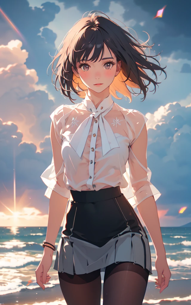 Beautiful summer outfits、Beautiful Face、Beautifully textured blouse、See-through mini skirt、Beautiful thighs、pantyhose、Walking on a stormy beach, Dark Clouds, (Cowboy Shot:1.4), Realistic, masterpiece, Highest quality, Backlight, (Lens flare:1.1), (bloom:1.1), (chromatic aberration:1.1)