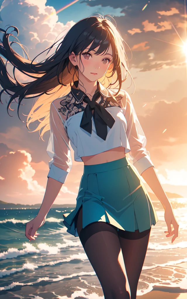 Beautiful summer outfits、Beautiful Face、Beautifully textured blouse、See-through mini skirt、Beautiful thighs、pantyhose、Walking on a stormy beach, Dark Clouds, (Cowboy Shot:1.4), Realistic, masterpiece, Highest quality, Backlight, (Lens flare:1.1), (bloom:1.1), (chromatic aberration:1.1)