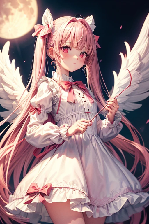 One Girl,Long sleeve,White ta Dress,One-piece with big ribbon,Angel,long,Pale pink twin tails,big tail,Deep pink eyes,blush,Grim expression,Small ,Shoot a bow and arrow,Red full moon