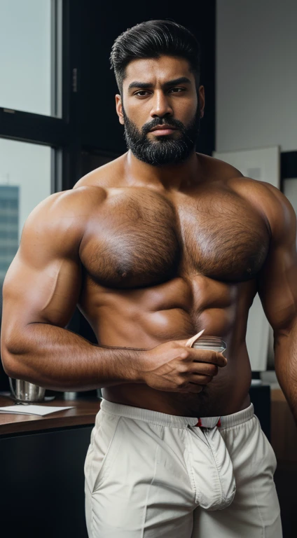 An award-winning original photo，A wild muscular indian man, (thick beared 25 years old:1.3), 1boy, Solo, (opened business suit), (opened trouser), standing in luxury office, black hair, (big shoulders), musculature, stubbles, beard, Beautiful eyes:1.3, ), (Detailed face:1.3), dimples, (drink a cup of tea), Dynamic Angle, volumetric lighting, (Best quality, A high resolution, Photorealistic), Cinematic lighting, Masterpiece, RAW photo, Intricate details, hdr, depth of field, upper body, His perfect( big huge penis) is (coming out) of his pant,masterpieces 