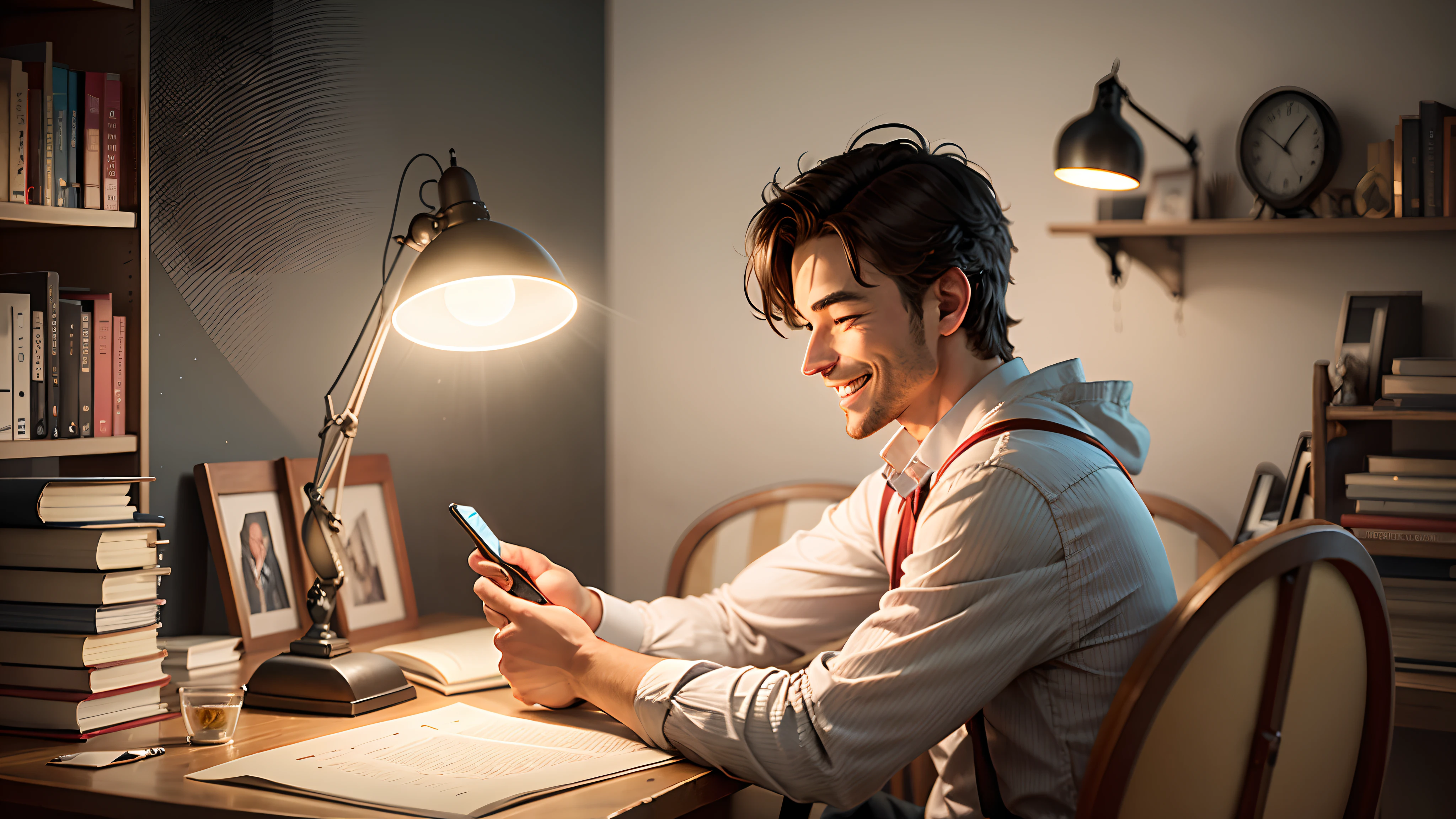 Man on his back, sitting in a chair and studying at a table, room half dark, with a lamp illuminated the books , using mobile phone and smiling,