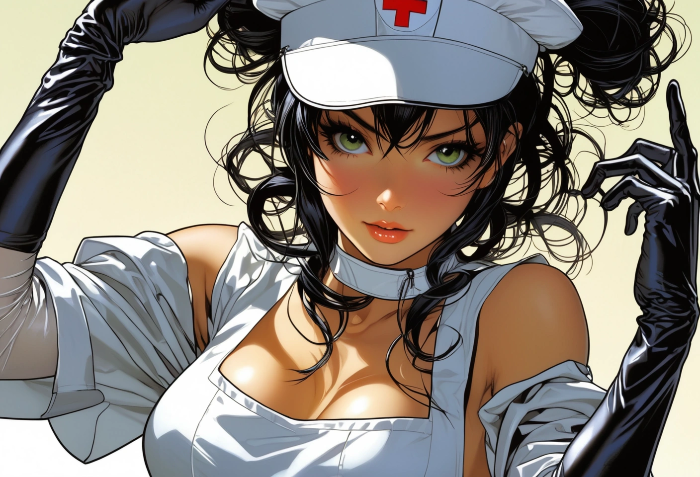 26 y.o sexy nurse, putting on rubber gloves, detailed eyes, natural skin, hard shadow. Style by Masamune Shirow