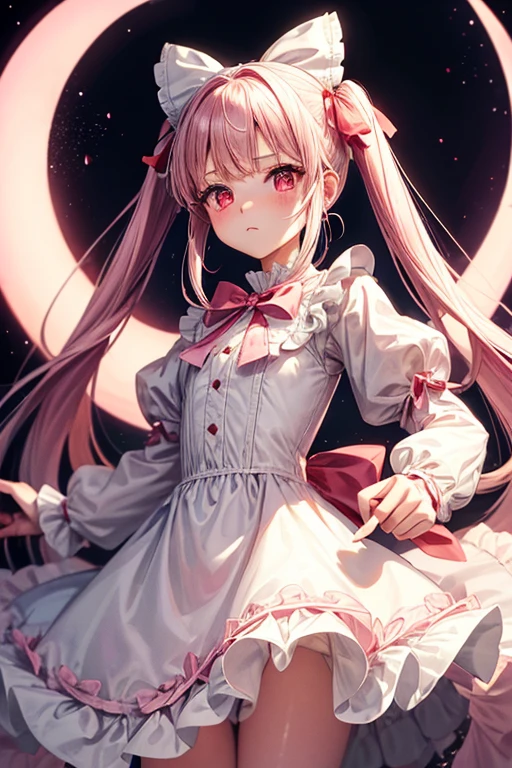 One Girl,Long sleeve,White ta Dress,One-piece with big ribbon,Angel,long,Pale pink twin tails,big tail,Deep pink eyes,blush,Grim expression,Small ,I have a bow and arrow,Red full moon