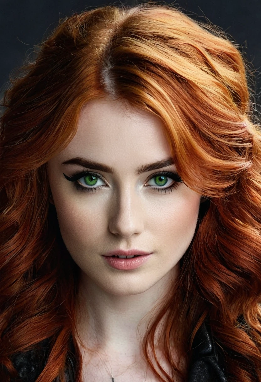 A portrait of Clary Fray from "The Shadowhunter Chronicles" whose facial features are a combo of Molly C. Quinn + Katherine McNamara + Lily Collins. Clary has green eyes and curly red hair and a slender figure and a and narrow hips. Clary's skin is marked with black Shadowhunter runes. Clary has lovely makeup on her face. Clary looks badass. Symmetrical eyes. Symmetrical face. Great details. Photorealistic. Full-colored photo. Professional photo. Highly detailed 8K.