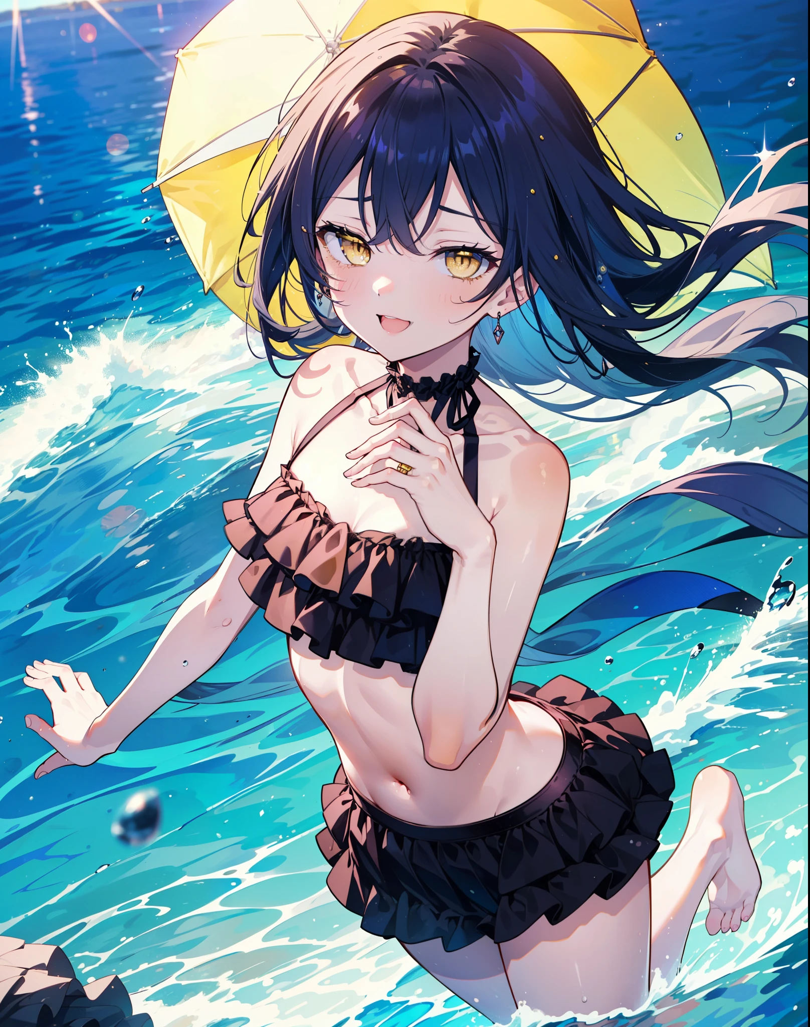 Umi Sonoda, Long Hair, Blue Hair, (Yellow Eyes:1.5) (Flat Chest:1.2),,happy smile, smile, Open your mouth,Black bikini swimsuit with frills,barefoot,Water Play,True Summer,Clear skies,Daytime, break looking at viewer, whole body, break outdoors,Beach, break (masterpiece:1.2), Highest quality, High resolution, unity 8k wallpaper, (shape:0.8), (Beautiful and beautiful eyes:1.6), Highly detailed face, Perfect lighting, Highly detailed CG, (Perfect hands, Perfect Anatomy),