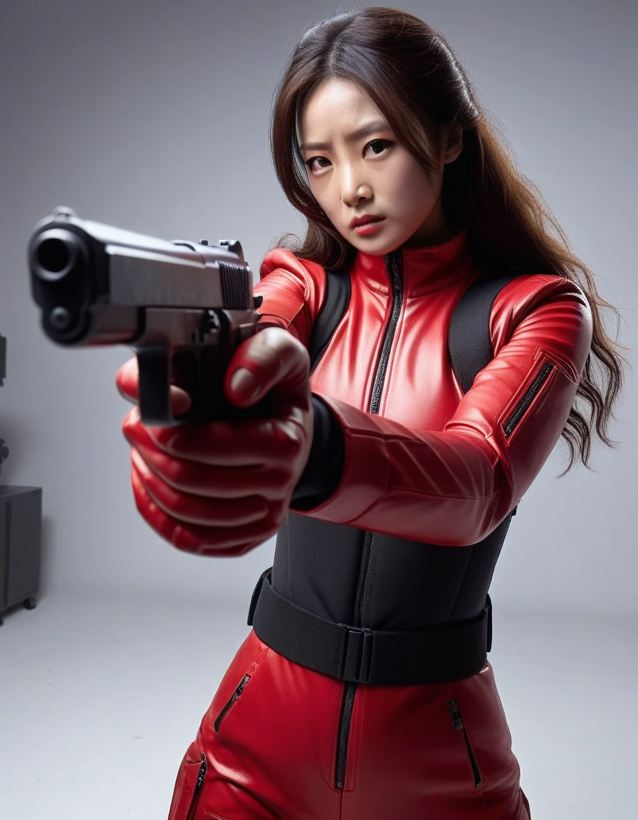 One Woman、Wearing a red combat suit、Pointing a gun at the viewer、Hold the pistol in both hands、Being pursued by the enemy、Precise facial structure、Long Hair、Sweat is running down my forehead、fear、Heavy breathing、The moment of the shooting、high resolution、high quality、Elaborate human body structure、Five fingers on a hand、Smoke is rising、Dust is flying、
