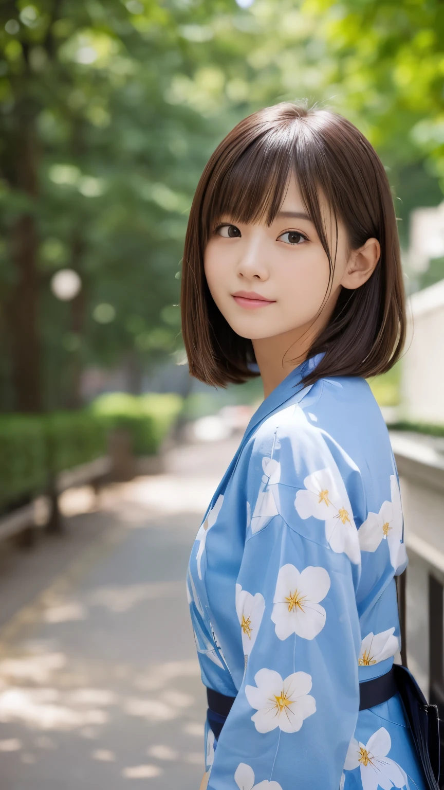 Tabletop、Highest quality、 Very detailedな、High resolution、8k wallpaper、Perfect dynamic composition,、summer、summerの空、新緑彩るsummerの公園、Beautiful attention to detail、Tabletop,Highest quality,Very detailed,In detail,High resolution,In 8K,((Realistic:1.4,RAW Photos,超High resolution,Best image quality:1.4))、high school student、18-year-old、thin、Small face、Brown Hair、Straight bangs、Bob Hair、Light blue yukata with floral pattern、Tree-lined avenue with fresh greenery、