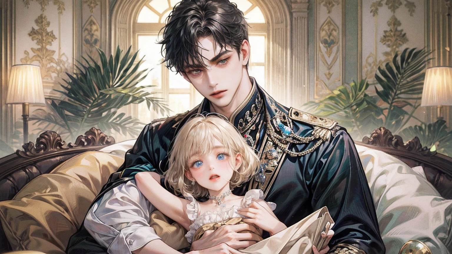 (((masterpiece))), ((Highest quality)), ((Super detailed)), (CG illustration), Happy parent-child scene。The resurrected form of Emperor Constantine and the twins Crispus and Fausta.、Father and son landscape、Under the clear blue sky、A summer evening where a stylish modern mansion shines。As the bright sunlight envelopes the sea and the mansion、A young father in his 30s hugs his twin sons tightly and warmly on his way home from work。The father's face was filled with deep love, retribution and forgiveness.、I can see the look of relief on his face, having overcome his past mistakes.。The children have innocent, naive smiles、He buried his face in his father's shoulder and looked relieved.。Light and shadow gently intersect、A scene that creates a warm and moving atmosphere overall.。」Love。Love, forgiveness, healing and purification。Detailed and delicate。lyrical。Heartful Modern。Gorgeous。elegant。masterpiece。super high quality。, beauty, brilliance, ultra-high quality, ultra-high resolution, Ultra-fine, ultra-beautiful, a masterpiece.masterpiece。I'm in love with you、Ayahuasca Psychic。